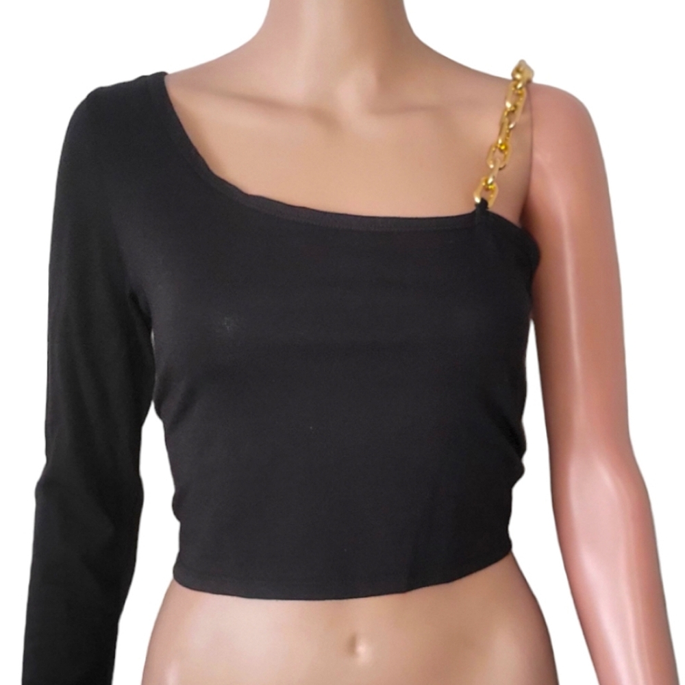 Black one arm long sleeve crop top